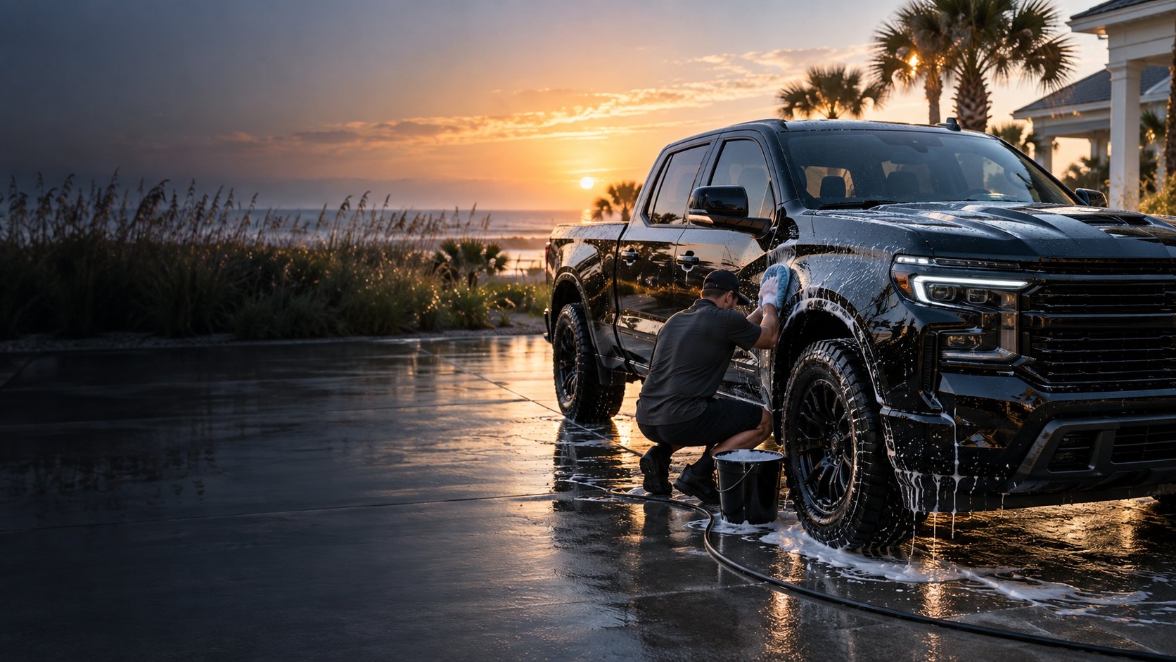 Mobile detailer hand washing a black pickup near the Gulf Coast