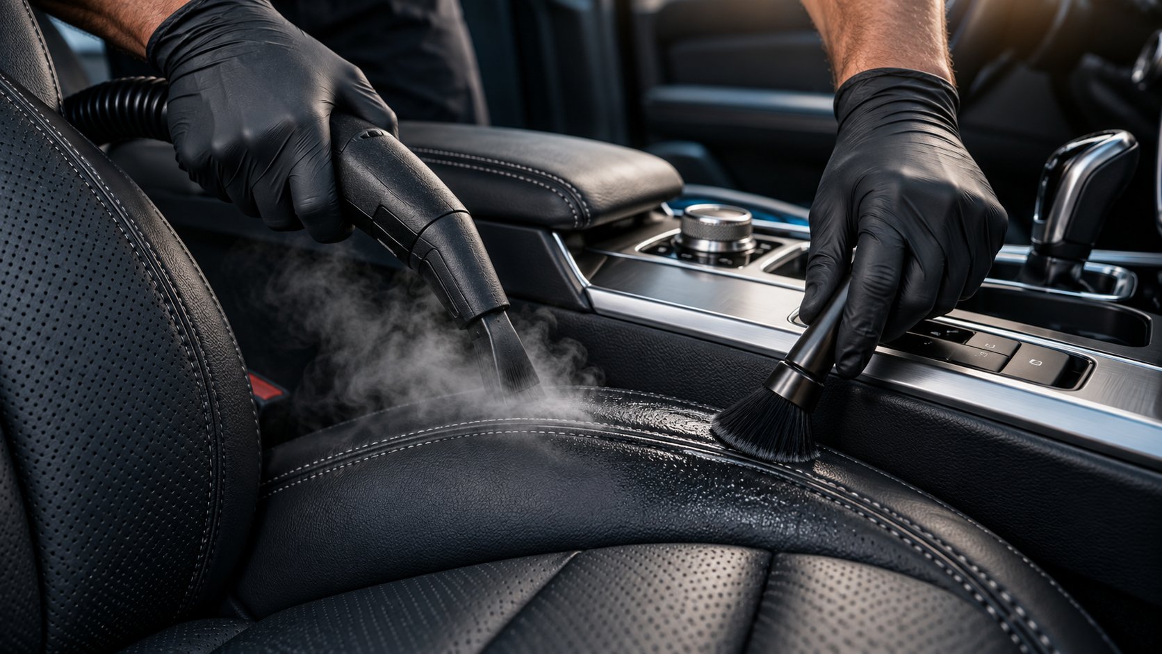 Professional detailing brush cleaning a vehicle interior
