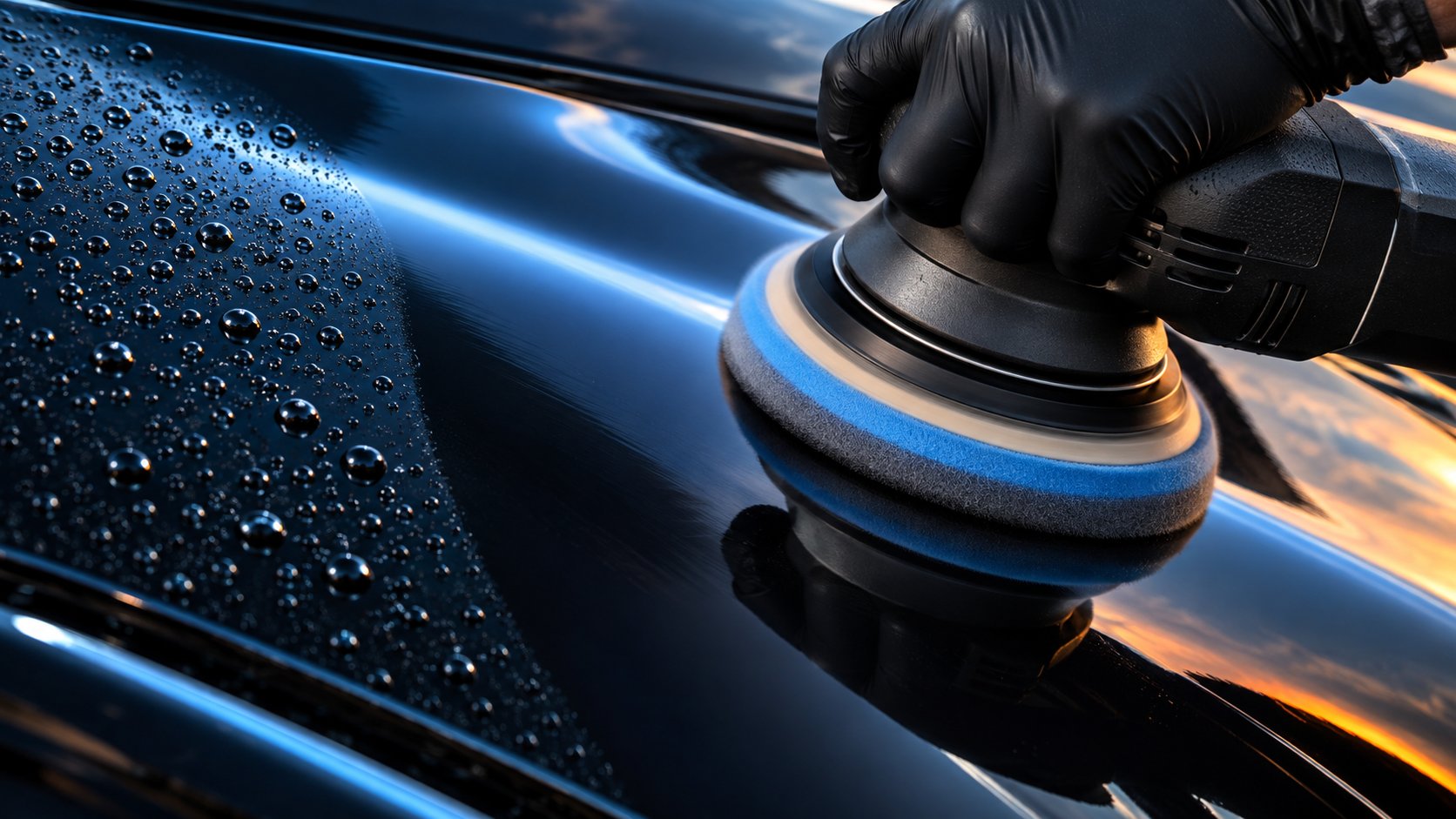 Polisher refining glossy black vehicle paint